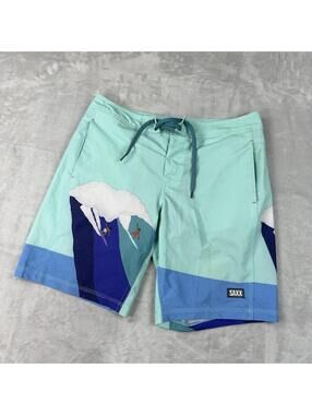 SAXX Beta Wave 2in1 Board Shorts Surf Swim Beach 32 Blue Graphic Ballpark Pouch